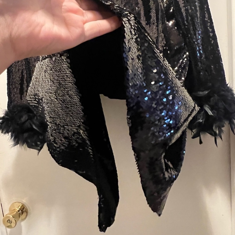River Island Shimmering Black Sequin Blazer with Feather Cuffs - Picture 6 of 7